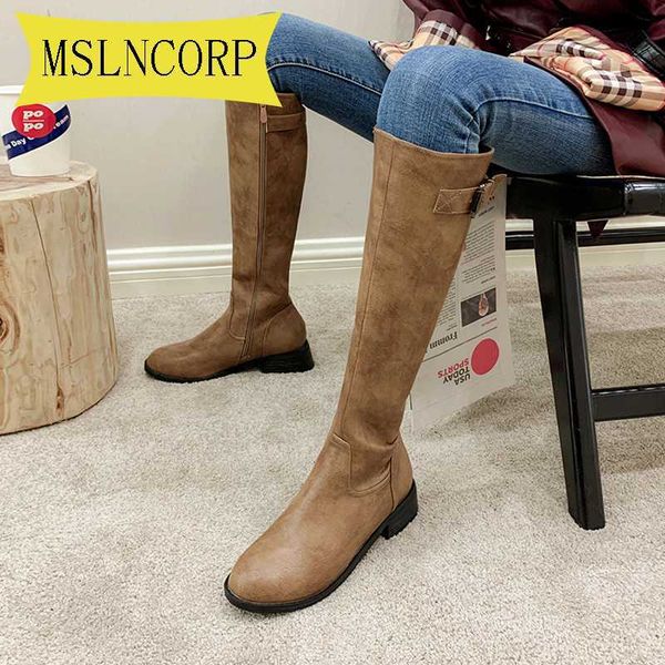 

plus size 34-46 band designer faux leather women knee high boots women low chunky block high heel boots black apricot brown