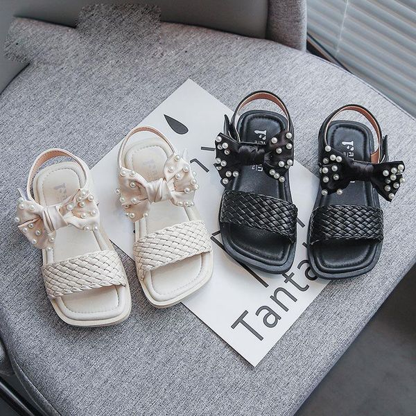 

sandals fashion pearl bow kids summer for little girls 2021 princess beach shoes children flat weave 3-12 year old, Black;red