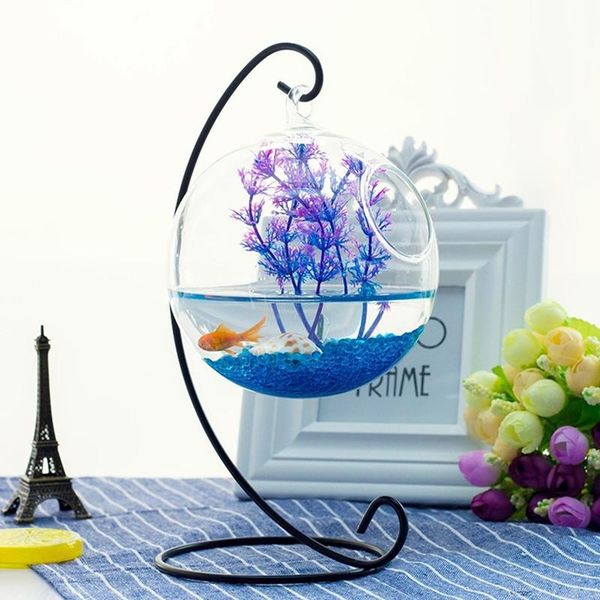 

novelty items diameter=15cm big size metal stand glass fishbowl home decoration transparent hanging terrarium vase friend gift
