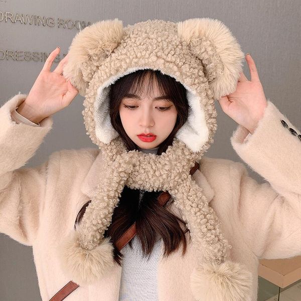

hats, scarves & gloves sets winter hat cute bear imitation fur plus fluffy ball cap scarf one set women thick warm neckerchief, Blue;gray