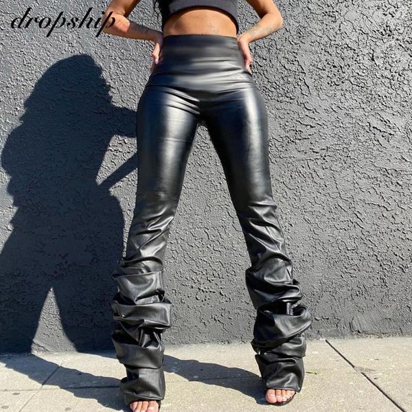 

fashion black pu leather pants stacked leggings ruched women high waist bodycon skinny long trousers women's & capris, Black;white