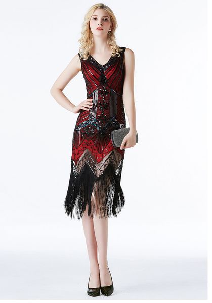 

Women' fashion Tassel Party Dresses Lace sexy club V-neck sleeveless Sequins bodycon dresses Hollow Out Beading evening dress, Red