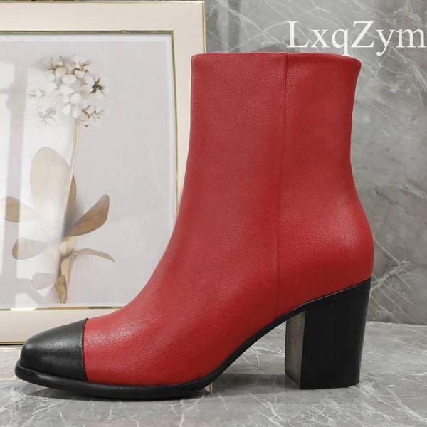 

boots full real leather lady brand ankle round toe square heel comfort casual botas fashion all match winter shoes, Black