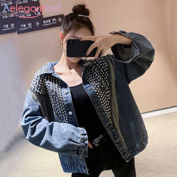 Aelegantmis Sonbahar Streetwear Denim Ceket Kadınlar El-Çivili Perçin Püskül Zincir Gevşek Kot Bayanlar Mont Siyah Artı Boyutu 210607