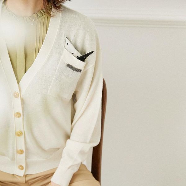 

women's jackets pocket chain v neck knitted cardigan women s autumn loose long sleeved sweater coat, Black;brown