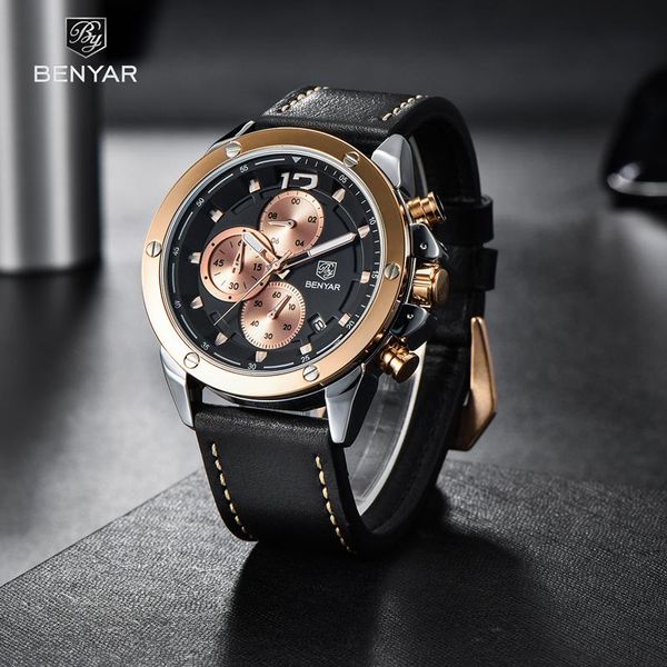 

wristwatches benyar quartz watch men sports chronograph waterproof leather watches for clock reloj hombre 2021, Slivery;brown