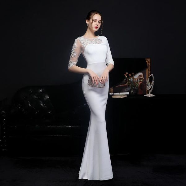 

party dresses elegant white wedding evening women 2021 formal gowns tulle half sleeve illusion vestidos slim maxi mermaid proms, White;black