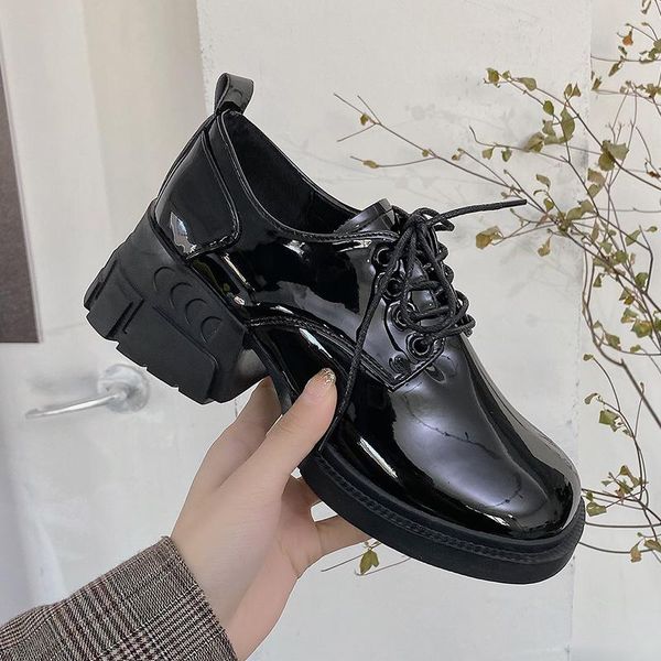 

boots fashion women ankle solid patent leather square toe platform chunky heel lace up punk cool ladies shoes female, Black