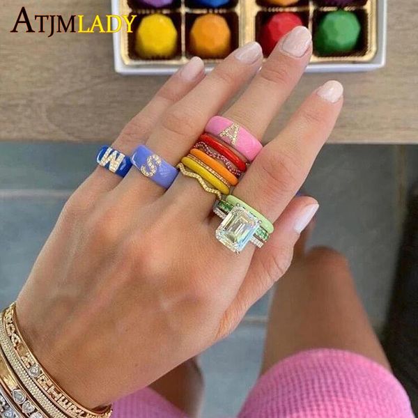 

cluster rings diy name neon enamel cz paved initials 26 alphabet ring for women fashion jewelry engagement wide band letter finger, Golden;silver