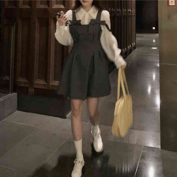

casual dresses hong kong style retro fashion suit women's autumn white long-sleeved shirt suspender dress two-piece set im6m, Black;gray
