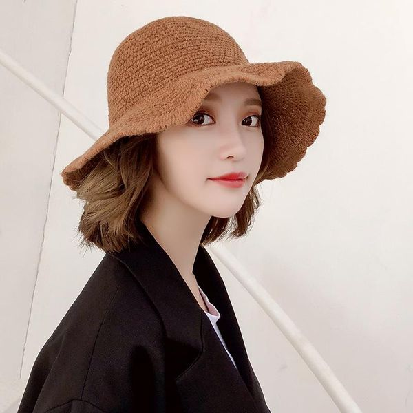 

wide brim hats autumn and winter women's japanese all-match warm hat korean version of the dome raw fisherman literary ruffled cold, Blue;gray