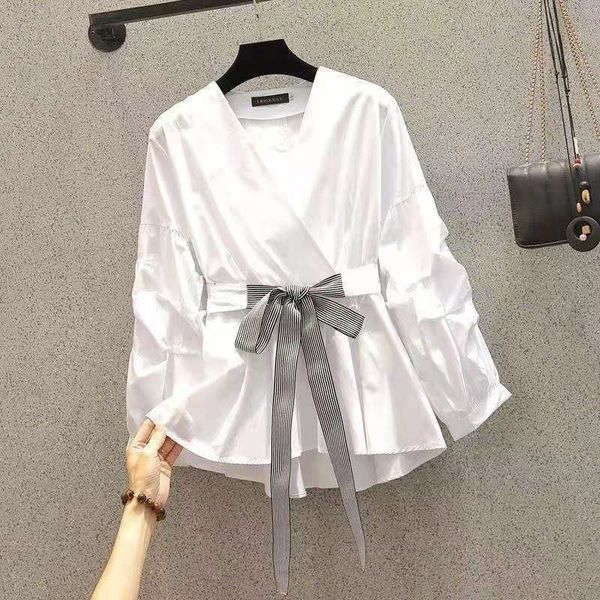 

two piece dress 2021 spring/autumn korean style women long sleeve v-neck blouse all-matched slim sashes design pullover casual s, White