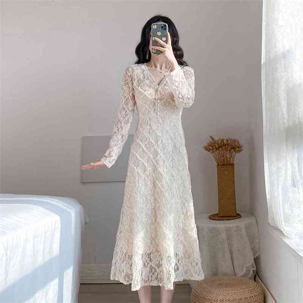 

spring autumn women dress lace long sleeve v-neck elegant party office slim vintage a line mid-calf dresses vestidos 210514, Black;gray