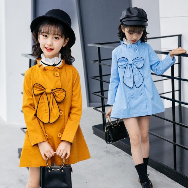 

children clothing fashion teenagers outerwear girls bow trench coats cotton long sleeve toddler kids coat, Blue;gray