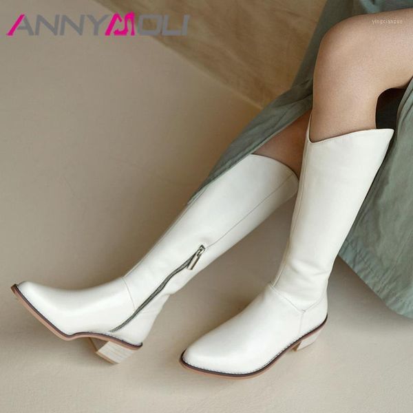 

boots annymoli real leather high heel knee women western shoes pointed toe thick heels zipper long beige 33-401, Black
