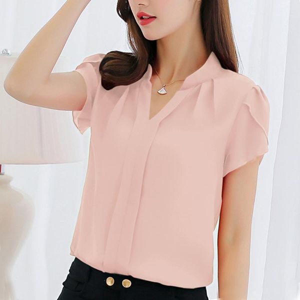 

females white shirts blouse summer work office v neck short sleeve ladies solid chiffon plus shirt elegant femme tunic women's blouses