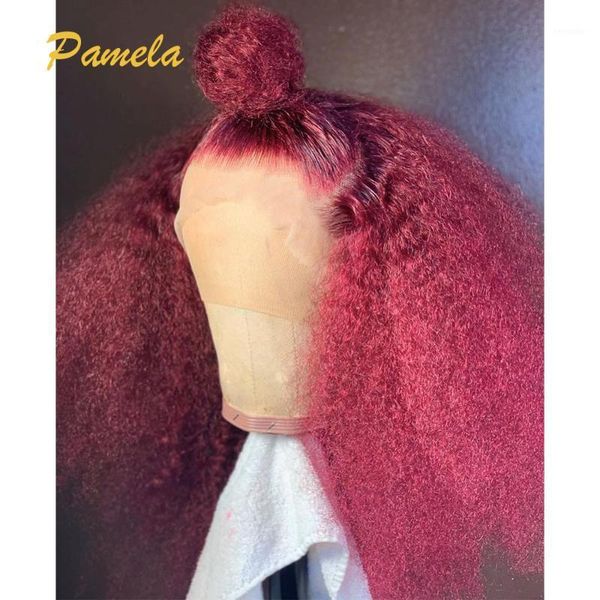

250density kinky curly human hair wig deep part 13x6 lace front red burgundy short transparent hd frontal for women1, Black;brown
