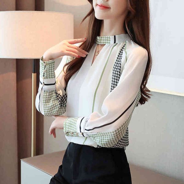 

women's blouses & shirts casual v-neck office lady women vintage print long sleeve chiffon blouse blusas mujer de moda autumn 7086 50, White