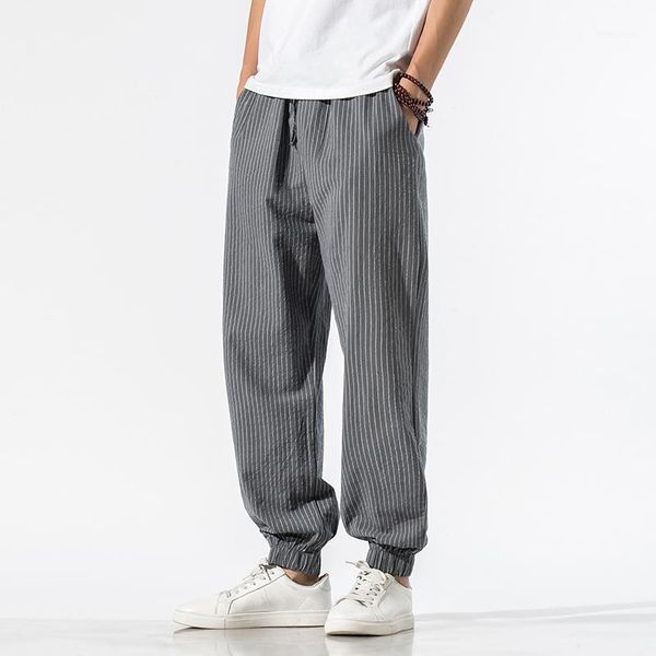 

men's pants 2021 casual men hip hop harem streetwear trousers mens fitness cotton linen striped joggers sweatpants men1, Black