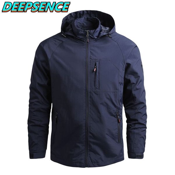 

spring autumn fashion casual military thin jacket men solid zipper pocket waterproop hooded coat streetwear jackets men size 5xl 211025, Black;brown