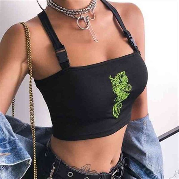 

short women tank chinese style streetwear crop women cami dragon embroidery buckle criss-cross summer tank top, White