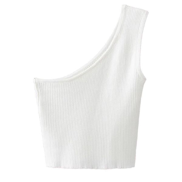 

summer elegant knitted one shoulder women t shirts asymmetric tees sleeveless casual femme solid ropa mujer, White