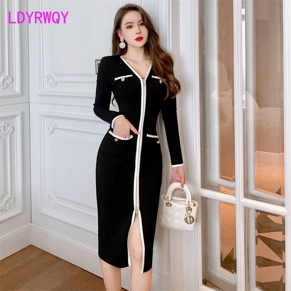 

autumn/winter foreign women's fashion v-neck dress bag hips knee-length zippers sheath 210416, Black;gray