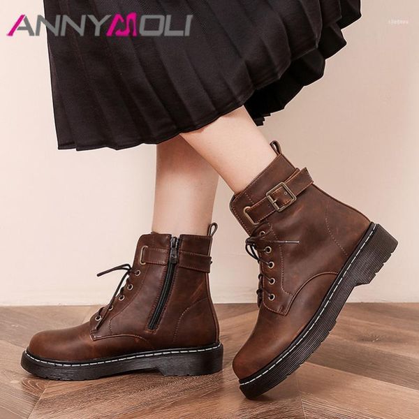 

boots annymoli motorcycle woman flat platform ankle buckle lace up short zip female shoes autumn winter black 33-4311