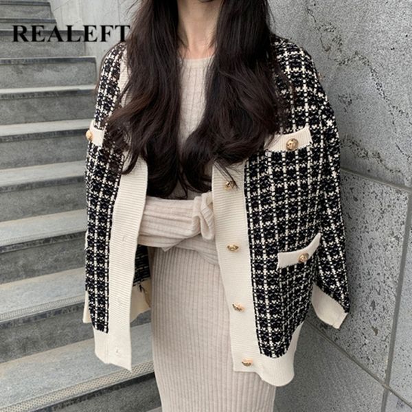 

autumn winter women knitting cardigan sweater coat female vintage plaid long sleeve ladies woolen 210428, White