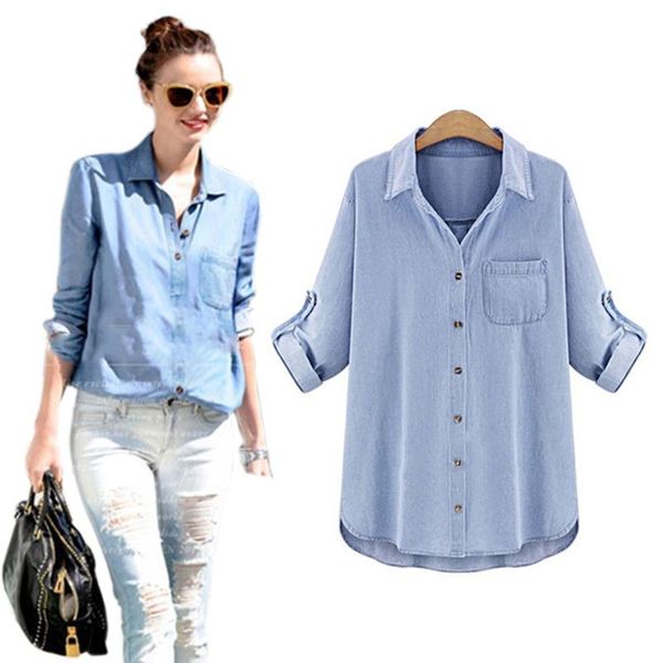 

women's blouses & shirts spring autumn fashion women denim blouse vintage casual turn-down collar loose thin cotton shirt plus size 5xl, White