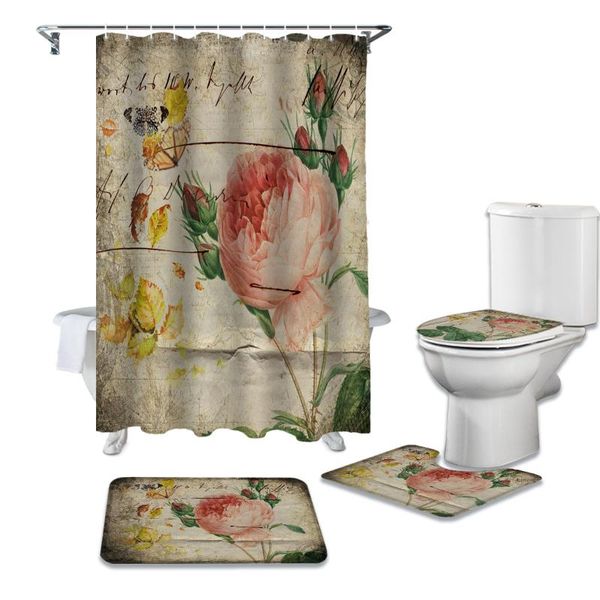 

shower curtains rose butterfly retro curtain sets non-slip rugs toilet lid cover and bath mat waterproof bathroom