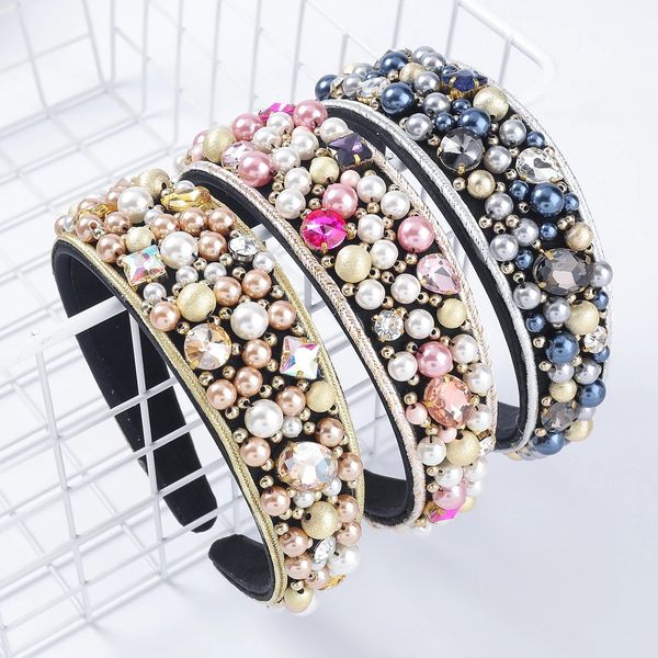 

fashionable european american flannel rhinestone imitation pearl headband trend design headband colorful pearls hair accessories, Silver