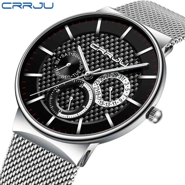 

relogio masculino crrju mens watches brand luxury ultra-thin wrist watch fashion chronograph sport watch reloj hombre 210517, Slivery;brown