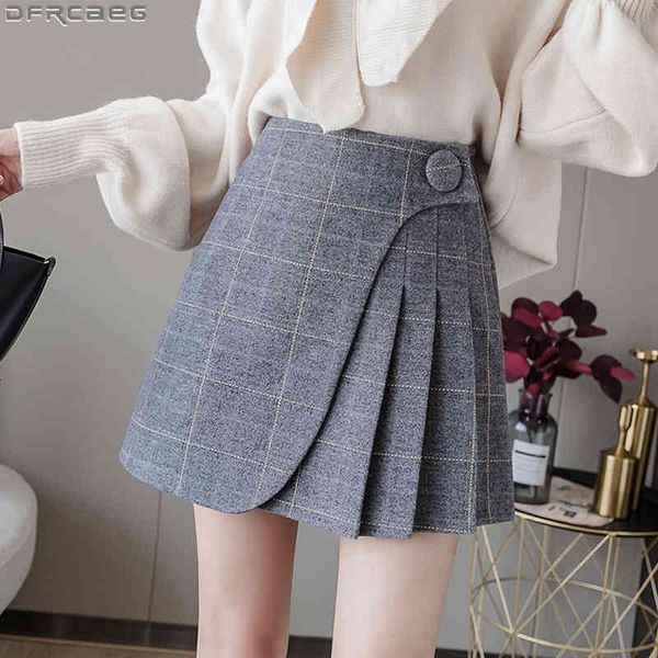 

casual dresses fashion streetwear tartan woman skirt autumn winter warm woolen jupe femme ruffles plaid pleated a-line mini saias, Black;gray