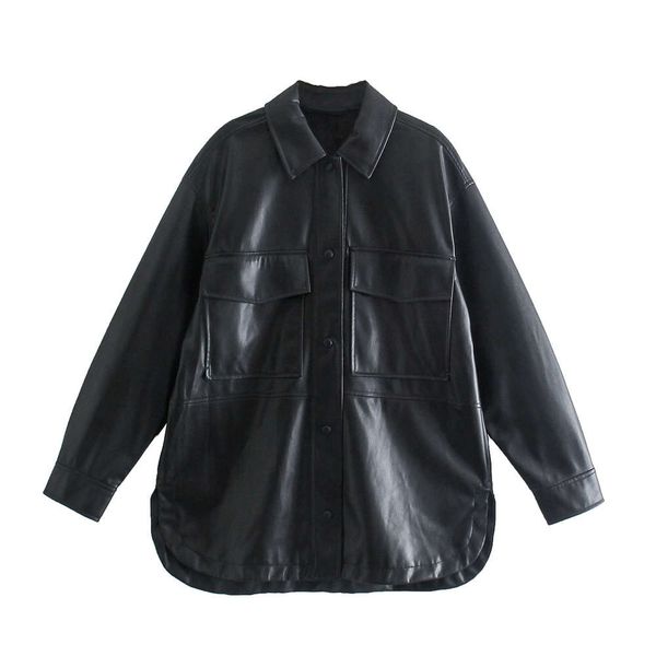 

wind women's fashion versatile imitation leather shirt coat, Black;brown
