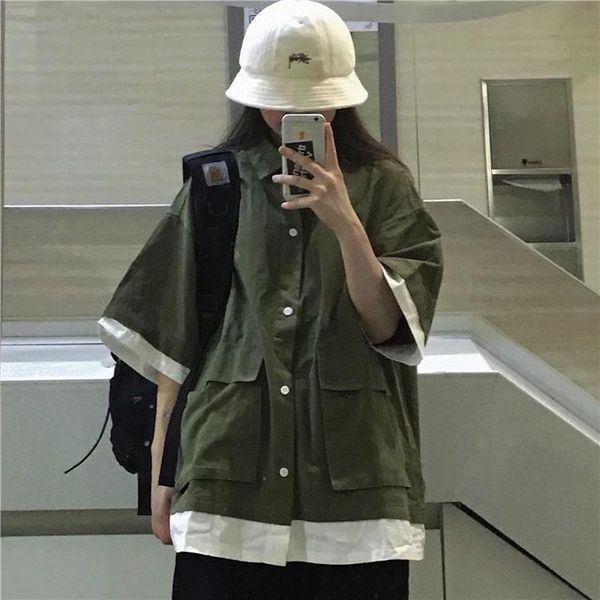 

women's blouses & shirts fake short sleeved shirt, retro korean jacket, bf student punk 2021, summer novelty, White