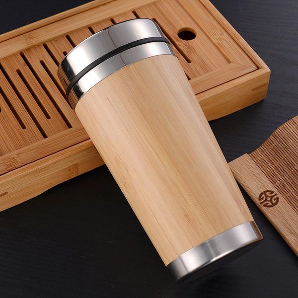 

water bottles stainless steel bamboo coffee cup travel mug with leak proof cover isolated reusable zm926