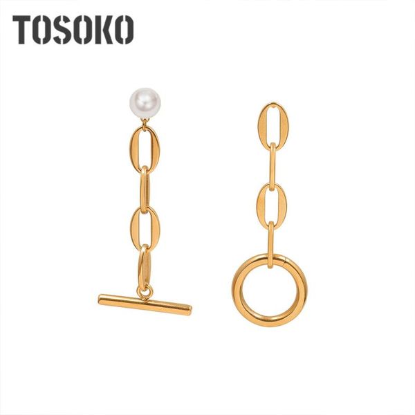 

dangle & chandelier tosoko stainless steel jewelry ring chain splicing women's personality asymmetric earrings bsf467, Silver