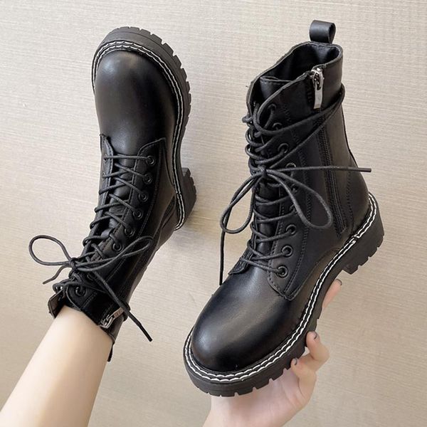 

boots 2021 women pu leather ankle boot motorcycle punk goth shoes female autumn winter botas ladies fashion, Black