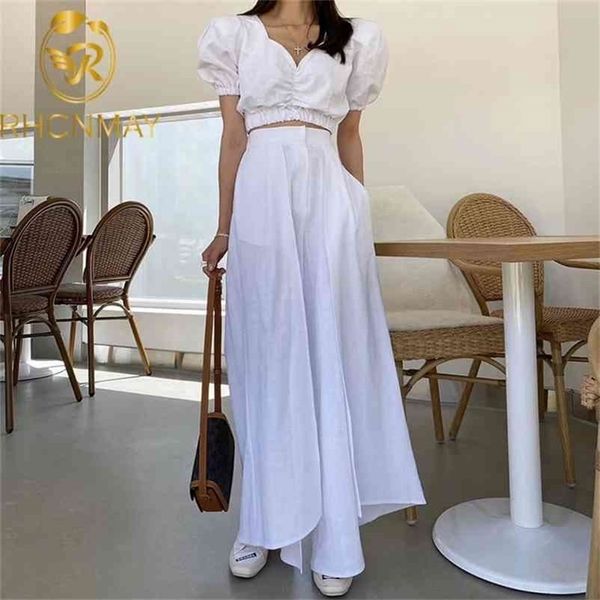 

summer women's puff short sleeve v neck + elastic waist wide legged pants solid white pink elegant holiday 2 pieces set 210520