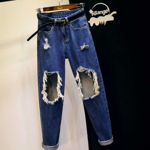 

women's jeans personality big hole female pants thin high waist wild loose harem, Blue
