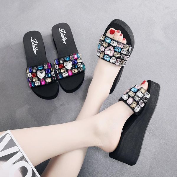 

slippers heart rhinestone beading wedges women summer beach shoes colorful crystal platform slip flops holiday sandalias mujer, Black