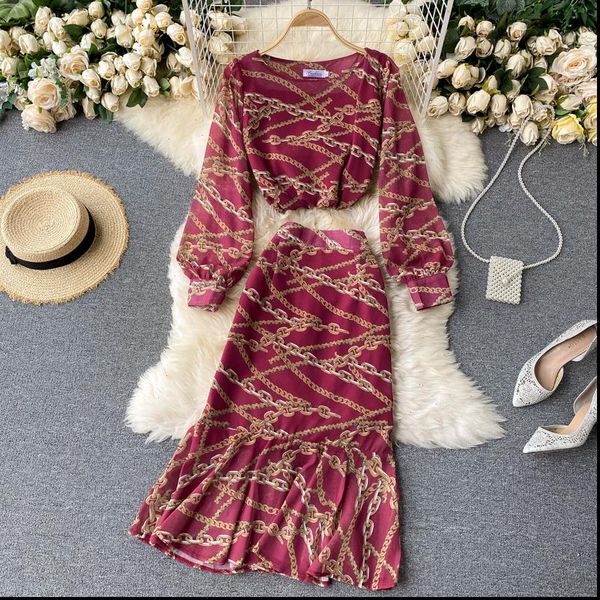 

singrain autumn vintage chain women dress print set o neck puff sleeve high waist ruffles fashion streetwear two pieces, White