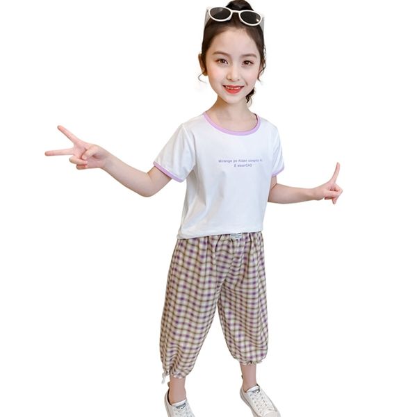 

summer clothes for girls tshirt + plaid short girl letter kids casual style children's costume 210528, White