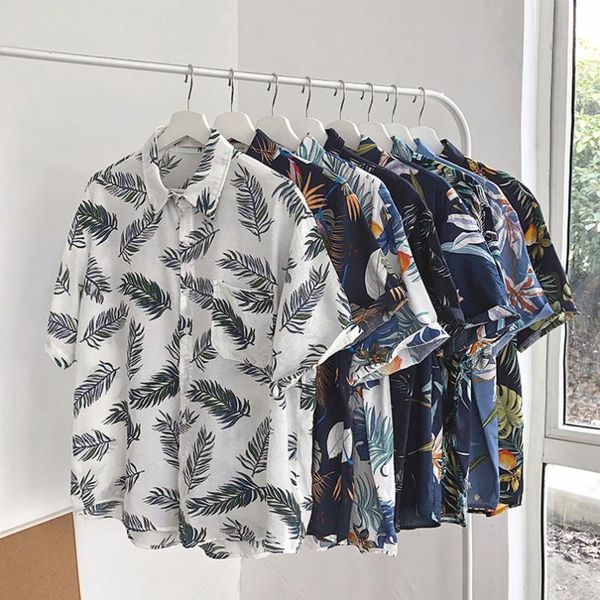 

men's casual shirts hawaii beach shirt men quick dry summer short sleeve male print floral loose korean clothing 2021 vintage, White;black