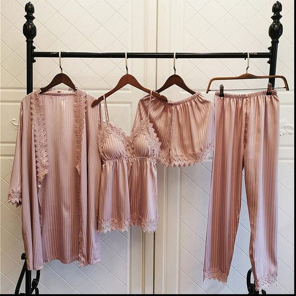 

4 pcs pajamas sets women sleepwear silk pyjama pant spring satin lace pijamas homewear clothes lingerie robe, Black;red