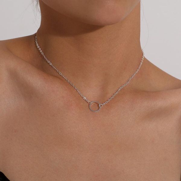 

simple temperament round circle pendant choker necklace for women vintage chains geometric clavicle jewelry kolye gift necklaces, Silver