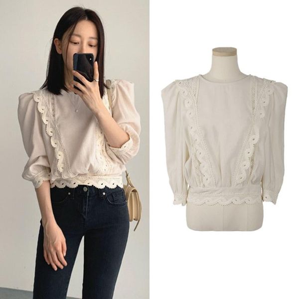 

women's blouses & shirts korean fashion design lace blouse women puff sleeve beige chic shirt elegant simple summer 2021 office street, White