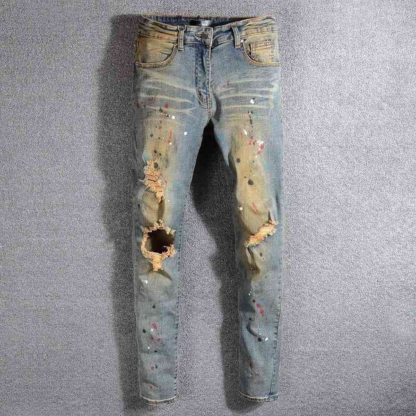 

slim 556 trendy jeans men's leggings with big holes, Blue