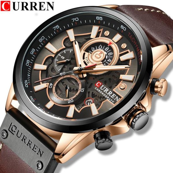 

wristwatches curren watches mens casual leather strap sport quartz wristwatch chronograph clock male creative design dial watch, Slivery;brown
